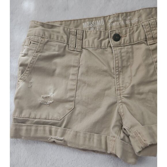Mossimo Mid Rise Chino Shorts Size 2 Khaki Distressed Rolled Cuff Hem Neutral - Picture 2 of 6